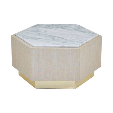 White Marble Top Hexagonal Small Side Table with Whitewash Oak Body and Gold Finish Base, Villi