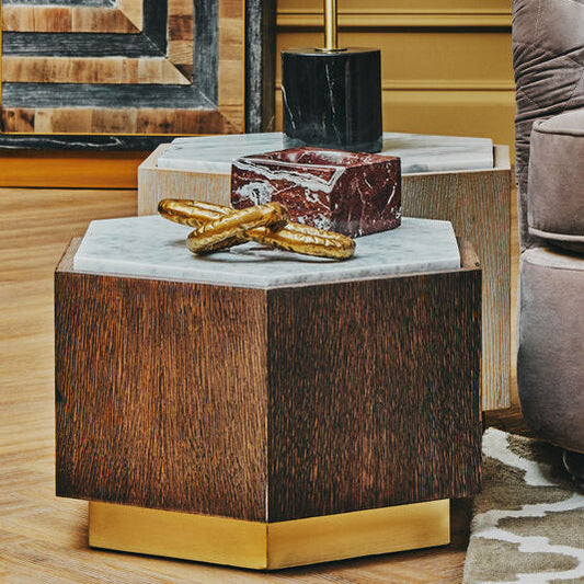 Dark Oak Hexagon Wood Side Table with White and Grey Marble Top and Gold Finish Metallic Base, Villi
