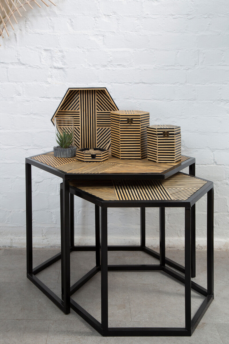 Set of 2 Natural Wood and Black Hexagon Side Tables with Black Metal Frame, Babita