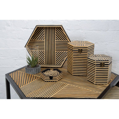 Set of 2 Natural Wood and Black Hexagon Side Tables with Black Metal Frame, Babita