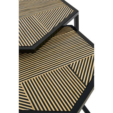 Set of 2 Natural Wood and Black Hexagon Side Tables with Black Metal Frame, Babita