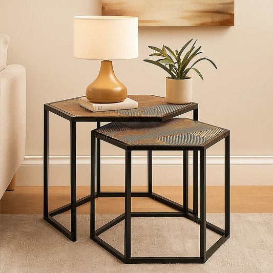 Set of 2 Natural Wood and Black Hexagon Side Tables with Black Metal Frame, Babita