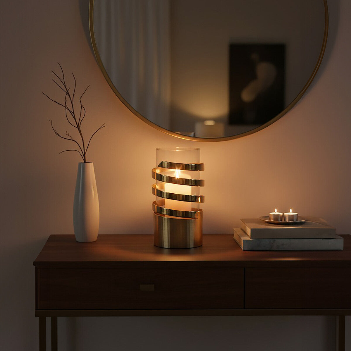 Amreli Gold Metal and Glass Small Hurricane Candle Holder with Spiral Design