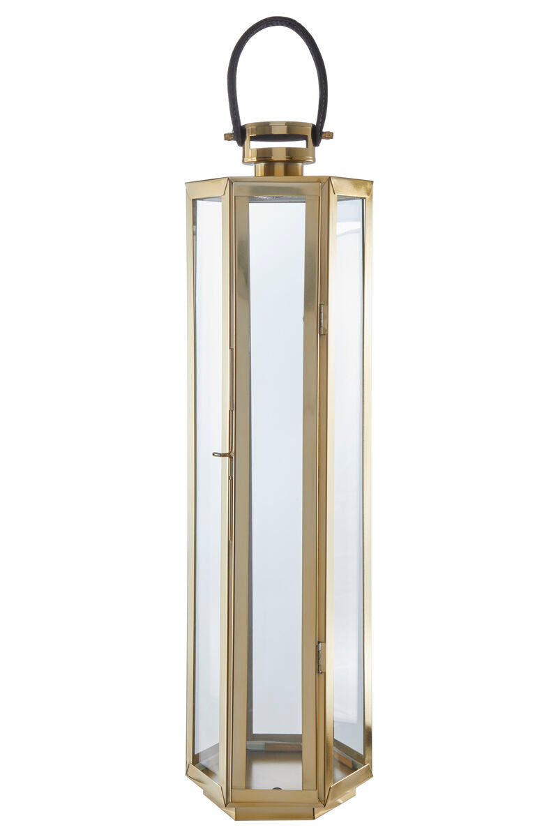 Herber Large Gold Finish Lantern with Hair on Leather Handle