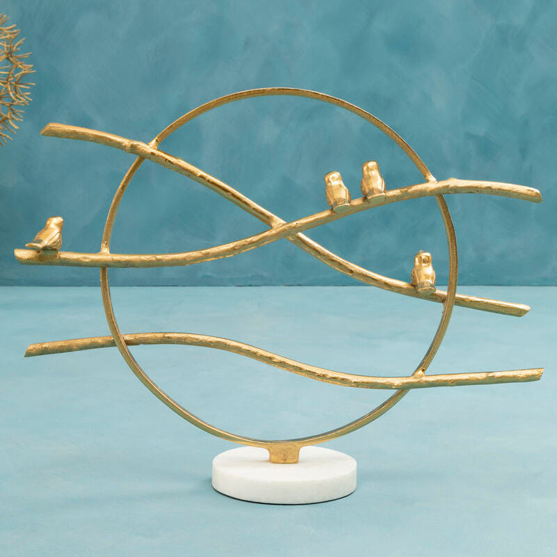 Evra Gold Hoop Bird Sculpture On White Marble Base