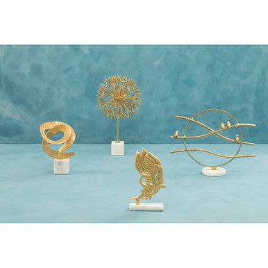 Evra Gold Peacock Feather Sculpture On White Marble Base