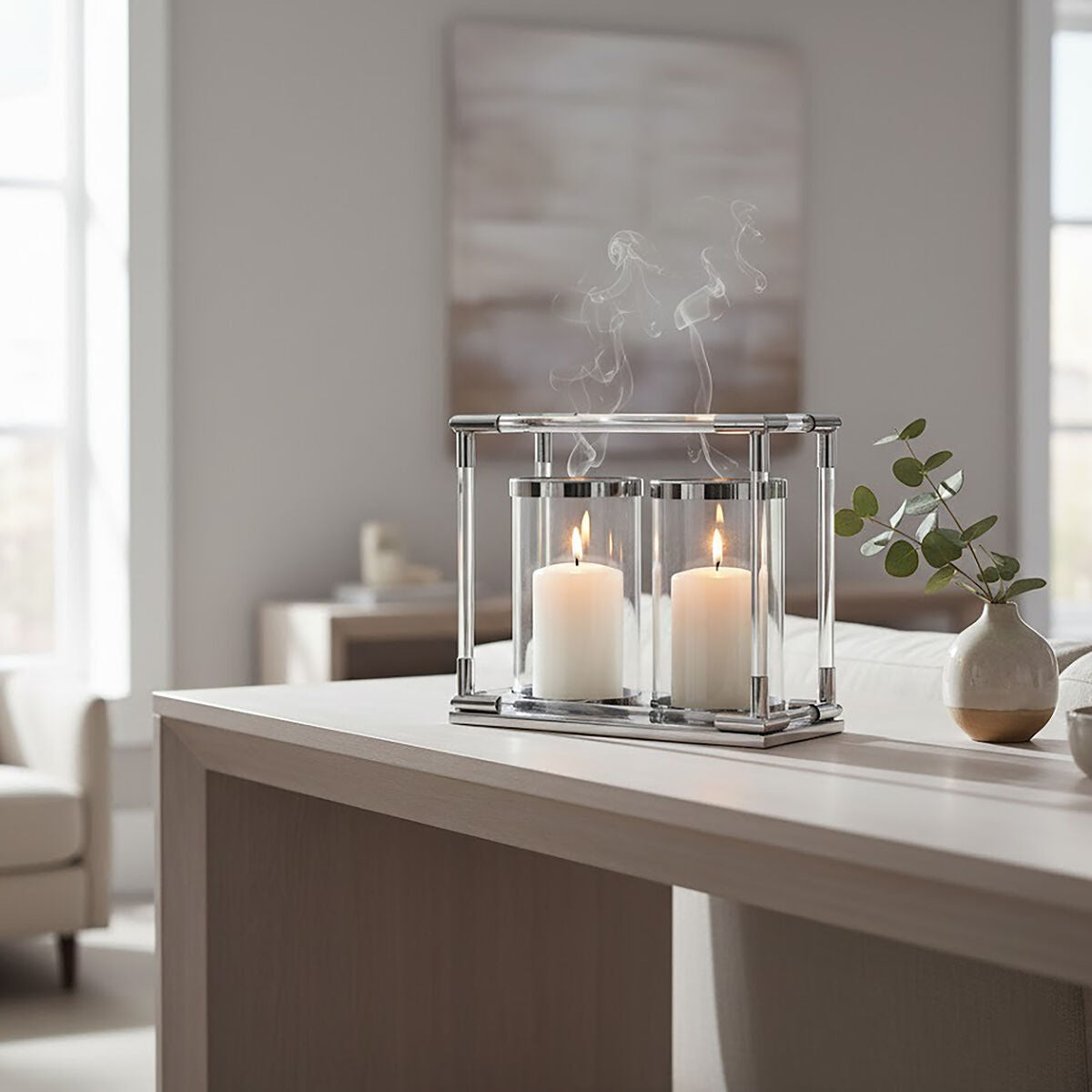 Lucita Double Silver Steel And Acrylic Candle Holder