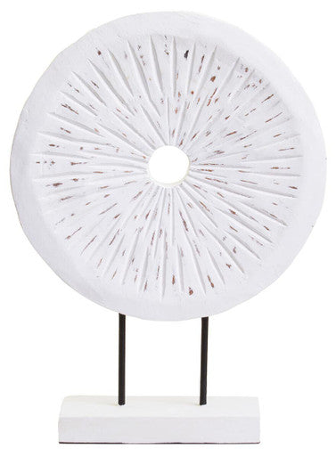 Fidel Distressed White Carved Wood Large Round Sculpture