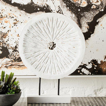Fidel Distressed White Carved Wood Large Round Sculpture