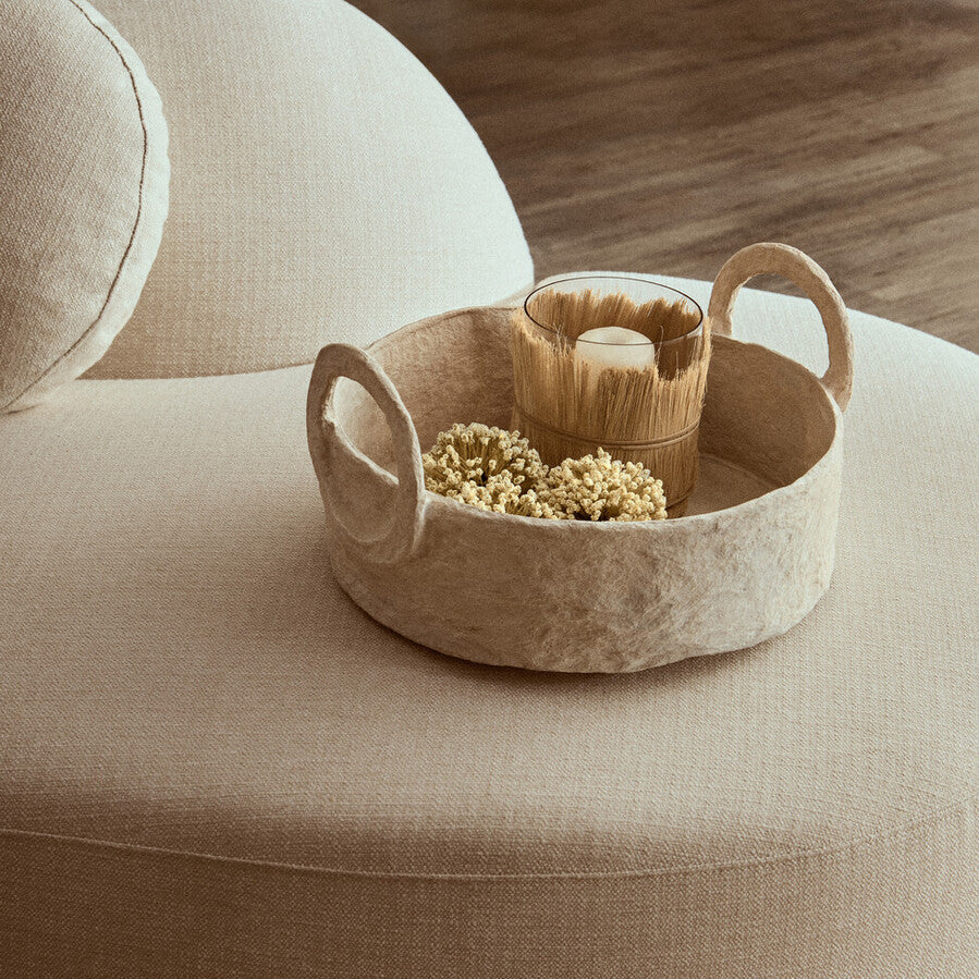 Sanai Cotton Mache Round Tray With Decorative Handles