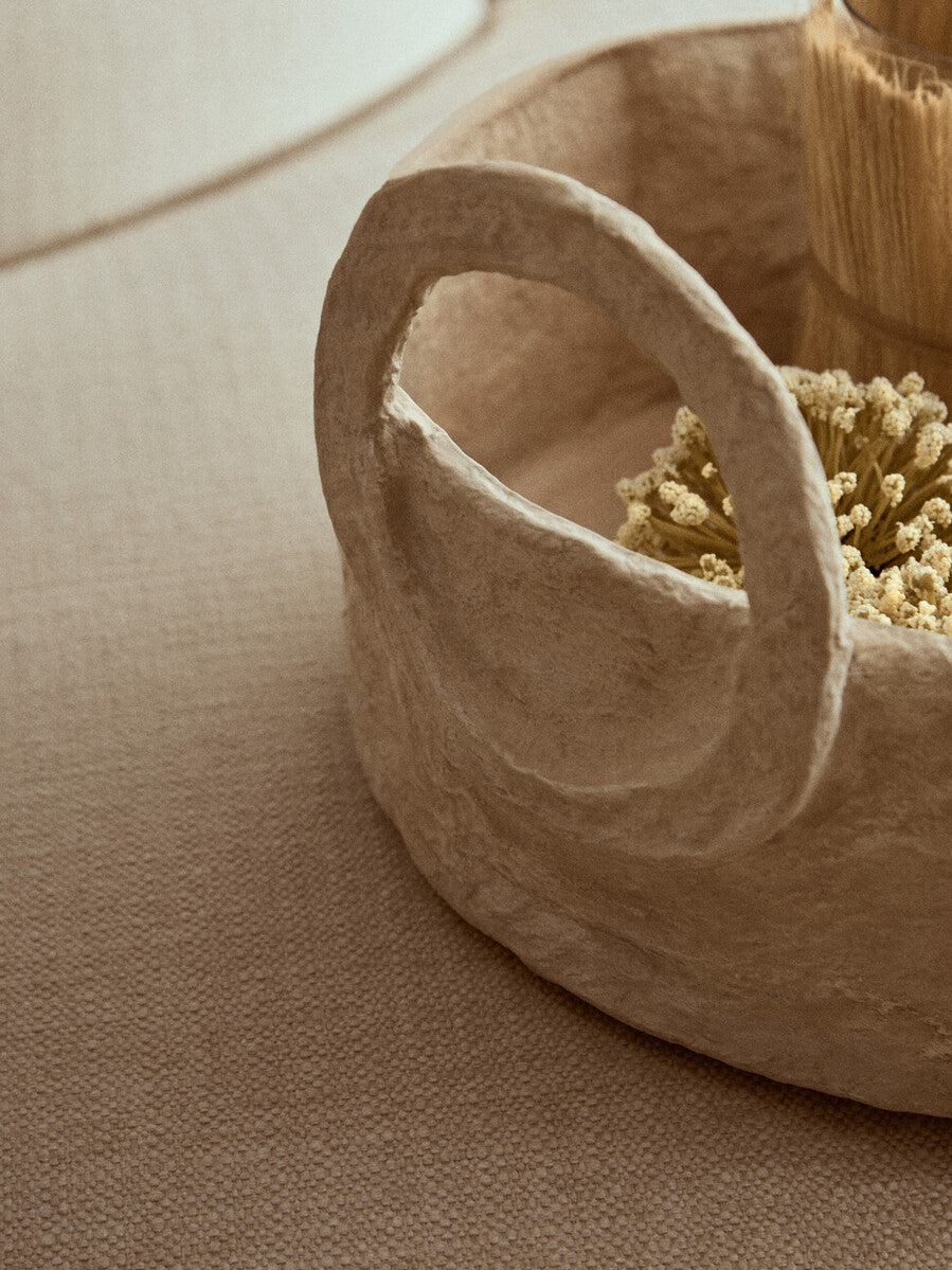 Sanai Cotton Mache Round Tray With Decorative Handles