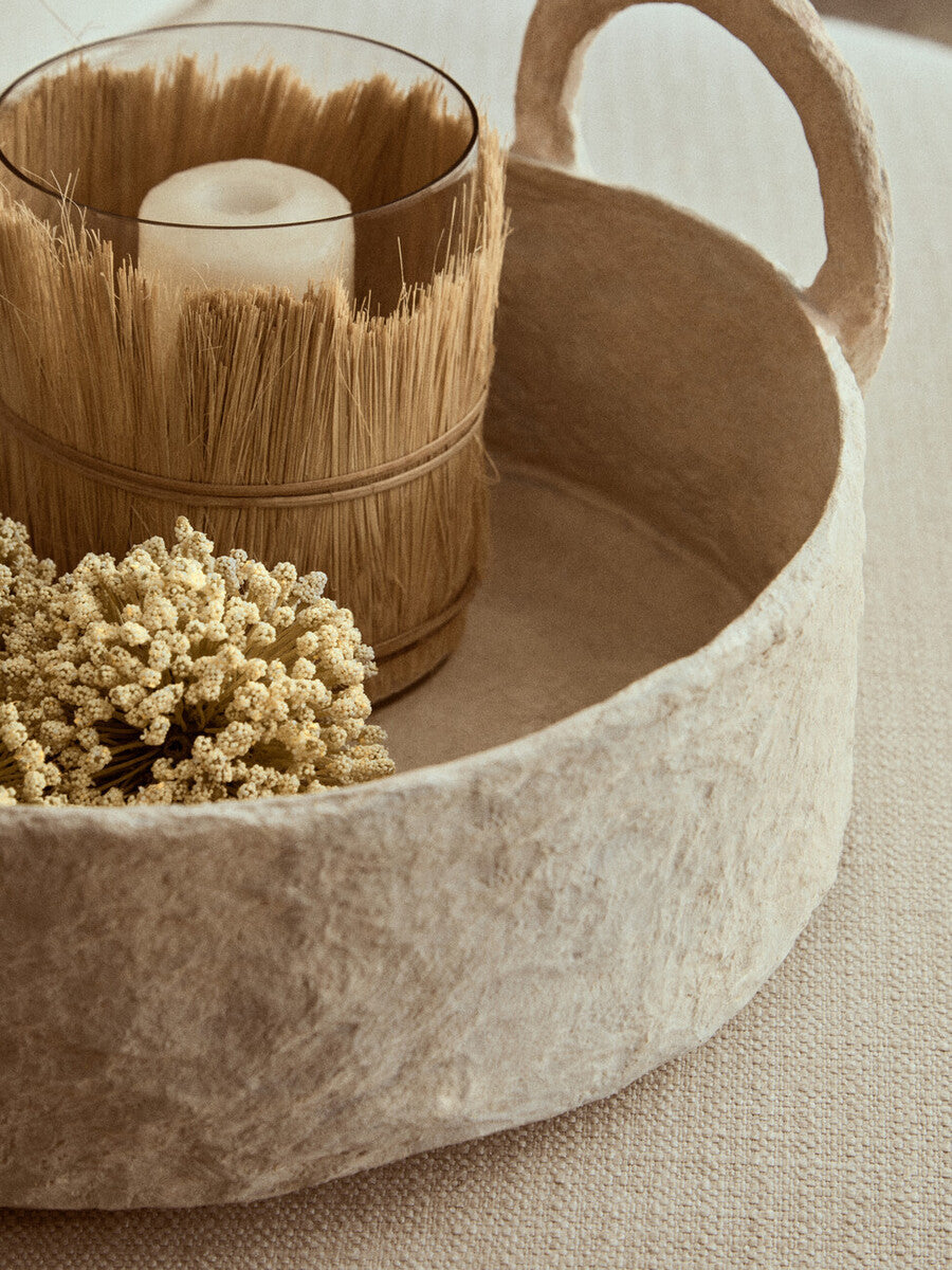 Sanai Cotton Mache Round Tray With Decorative Handles