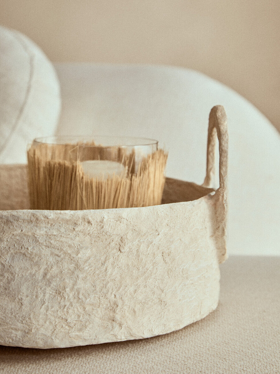 Sanai Cotton Mache Round Tray With Decorative Handles
