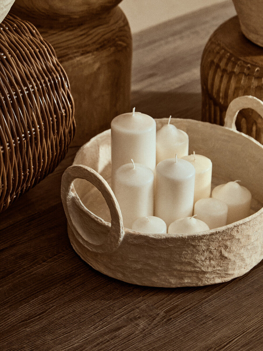 Sanai Cotton Mache Round Tray With Decorative Handles