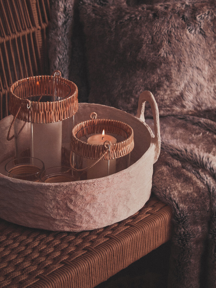 Sanai Cotton Mache Round Tray With Decorative Handles