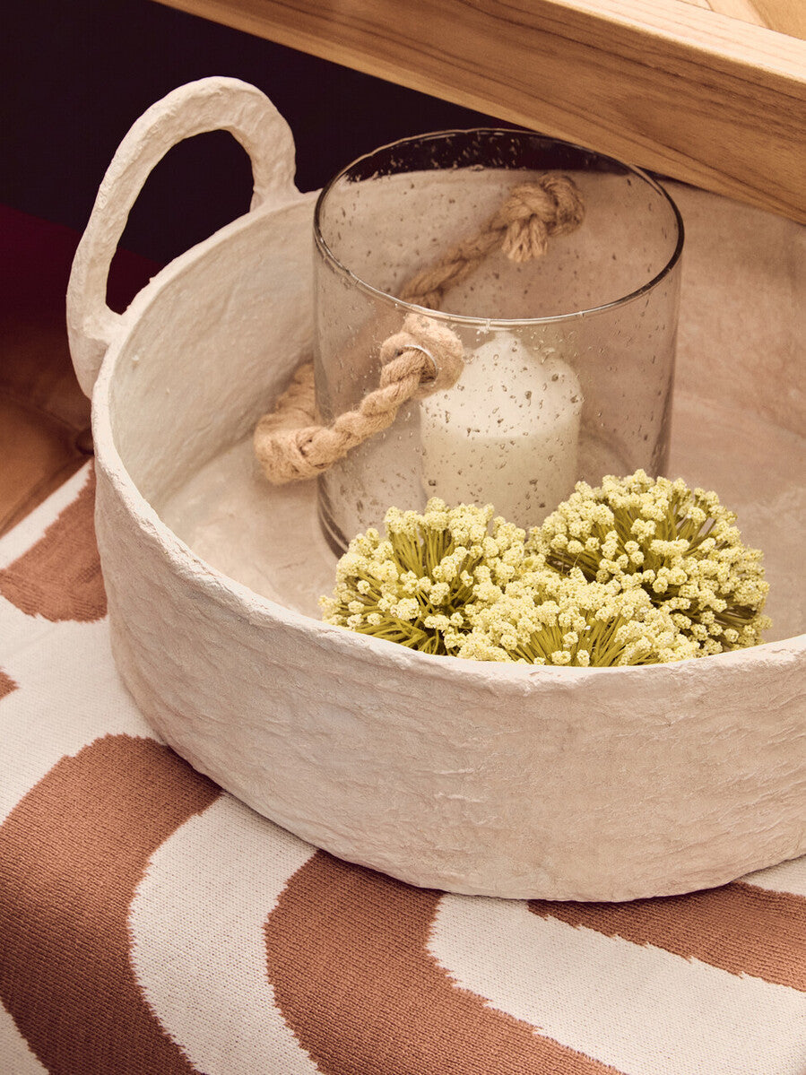 Sanai Cotton Mache Round Tray With Decorative Handles