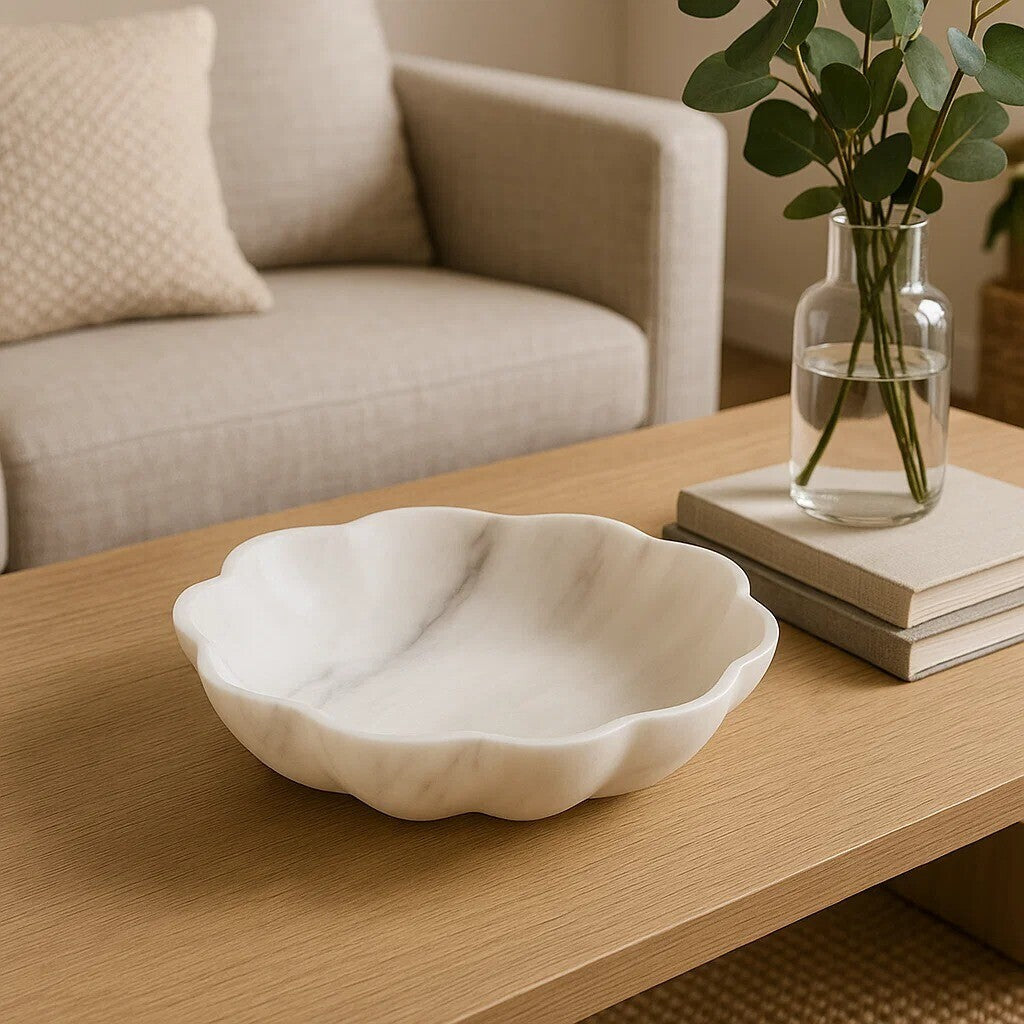 Medium White Marble Scalloped Bowl | Zoro