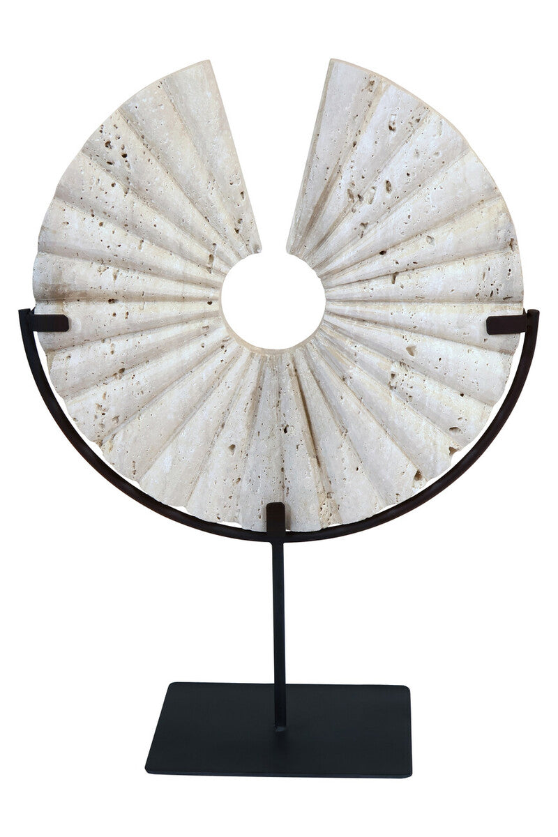 Travertine Ridged Disc Sculpture with Black Metal Base | Tibor