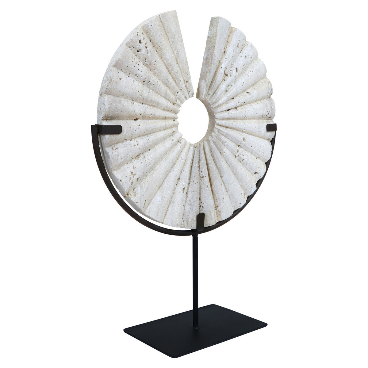 Travertine Ridged Disc Sculpture with Black Metal Base | Tibor