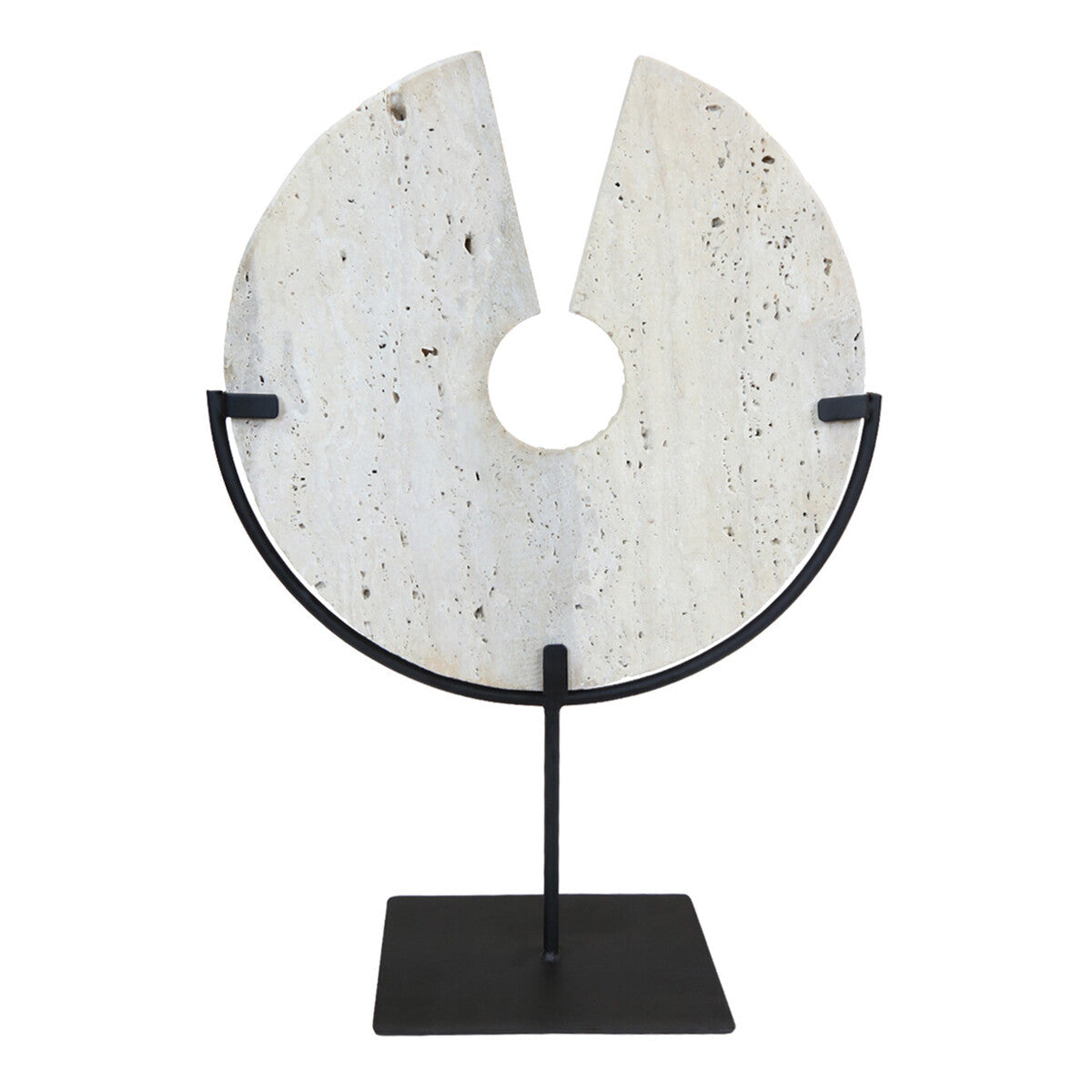 Travertine Ridged Disc Sculpture with Black Metal Base | Tibor