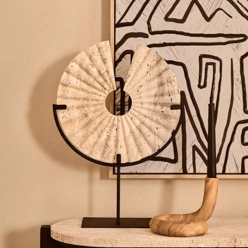 Travertine Ridged Disc Sculpture with Black Metal Base | Tibor