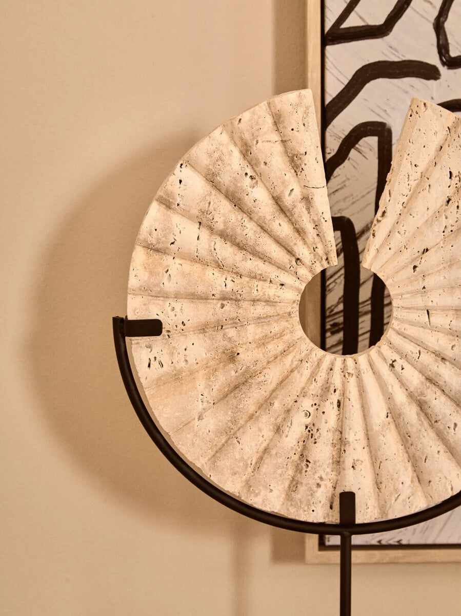 Travertine Ridged Disc Sculpture with Black Metal Base | Tibor