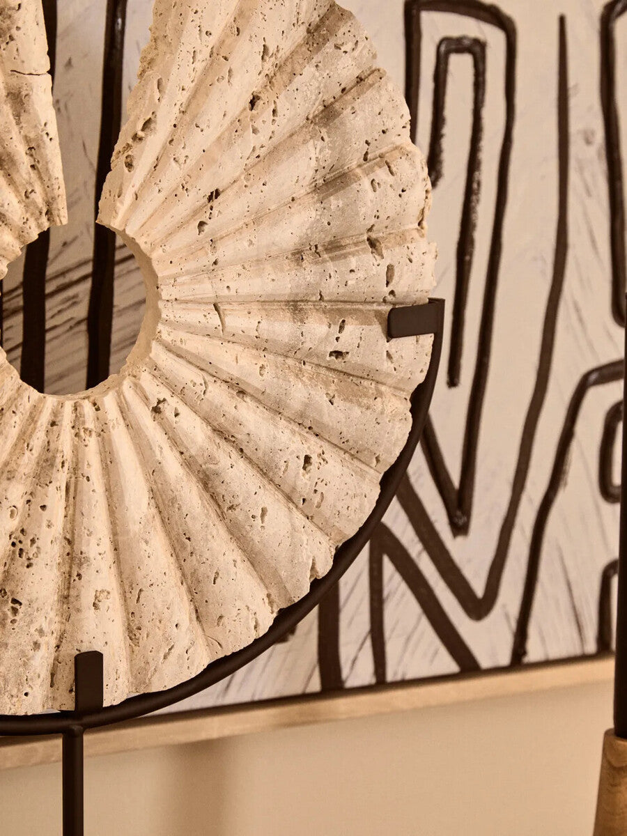 Travertine Ridged Disc Sculpture with Black Metal Base | Tibor