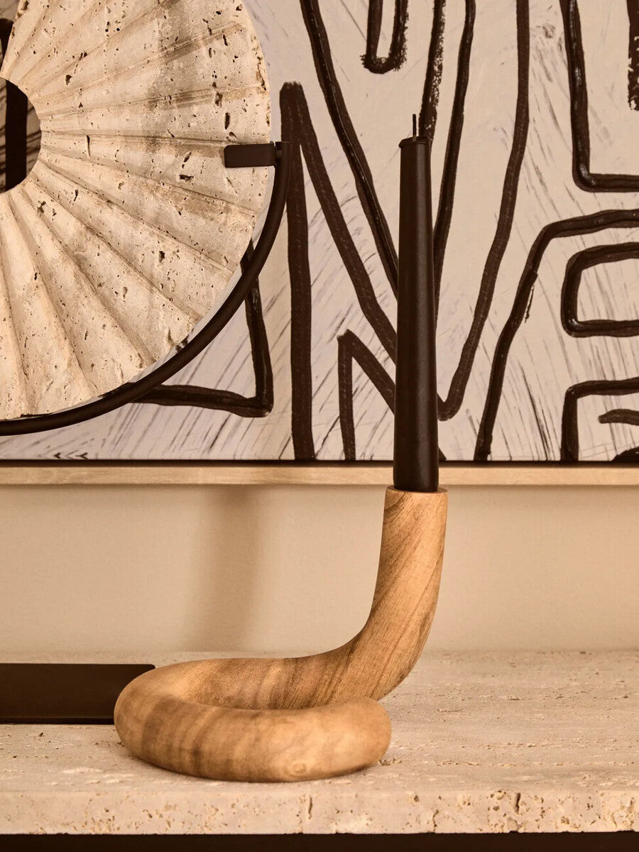 Travertine Ridged Disc Sculpture with Black Metal Base | Tibor