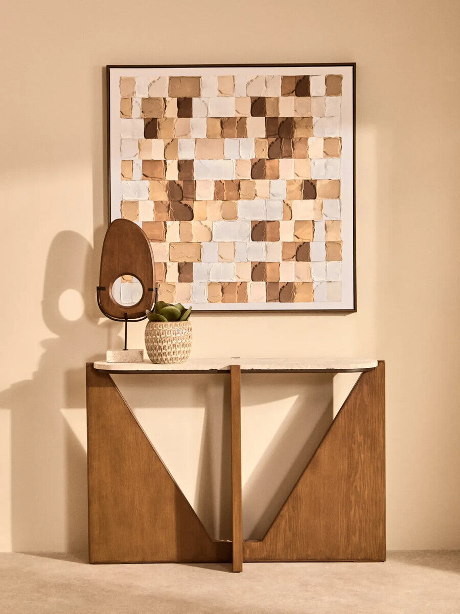 Natural Wood Vertical Sculpture with Travertine Base | Westo