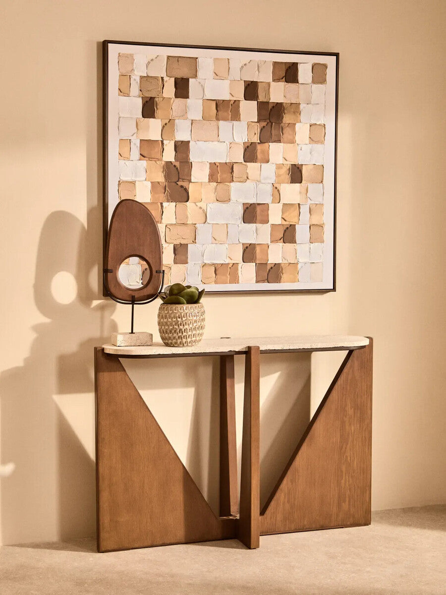 Natural Wood Vertical Sculpture with Travertine Base | Westo