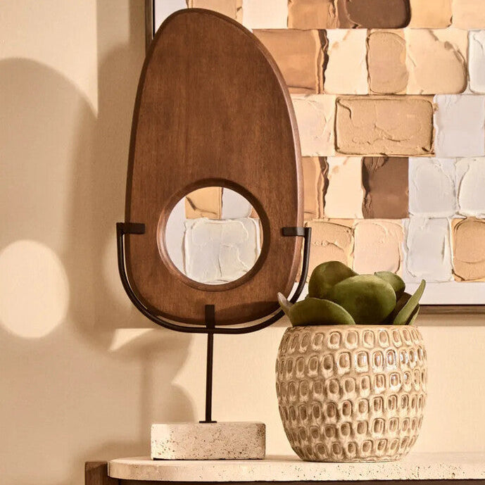 Natural Wood Vertical Sculpture with Travertine Base | Westo