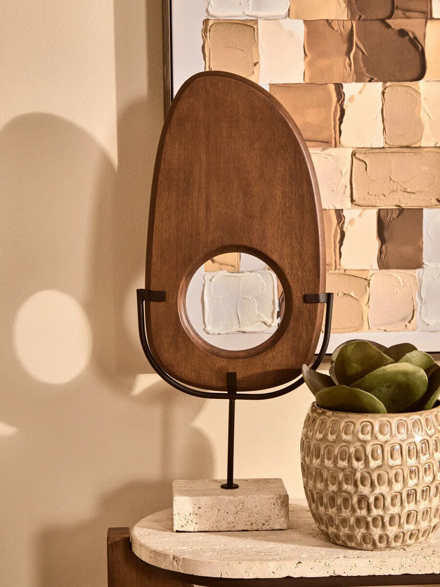 Natural Wood Vertical Sculpture with Travertine Base | Westo