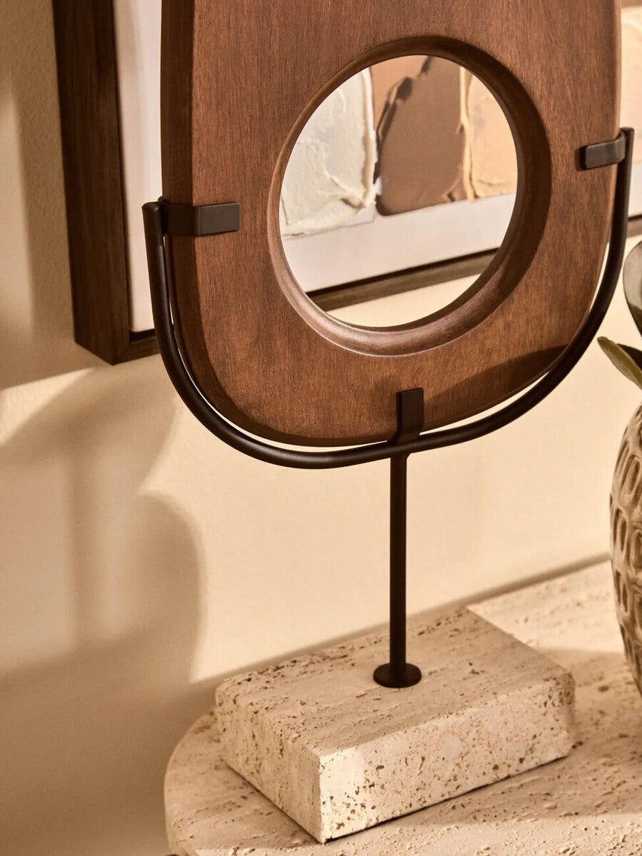Natural Wood Vertical Sculpture with Travertine Base | Westo