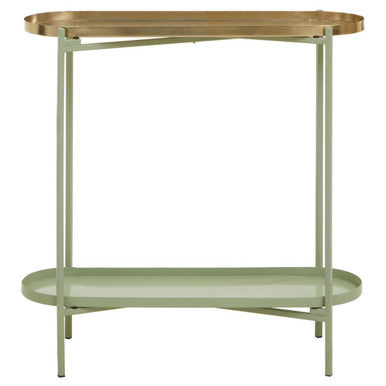 Green Metallic Console Table with Polished Gold Top and Two-Tier Shelves, Sabia