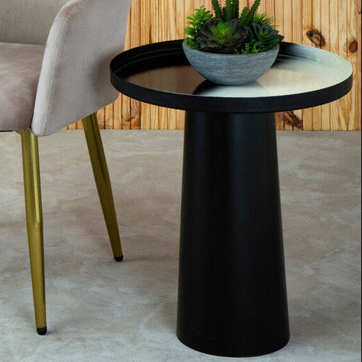Black and White Round Metal Top Side Table with Black Pedestal Base, Ramus