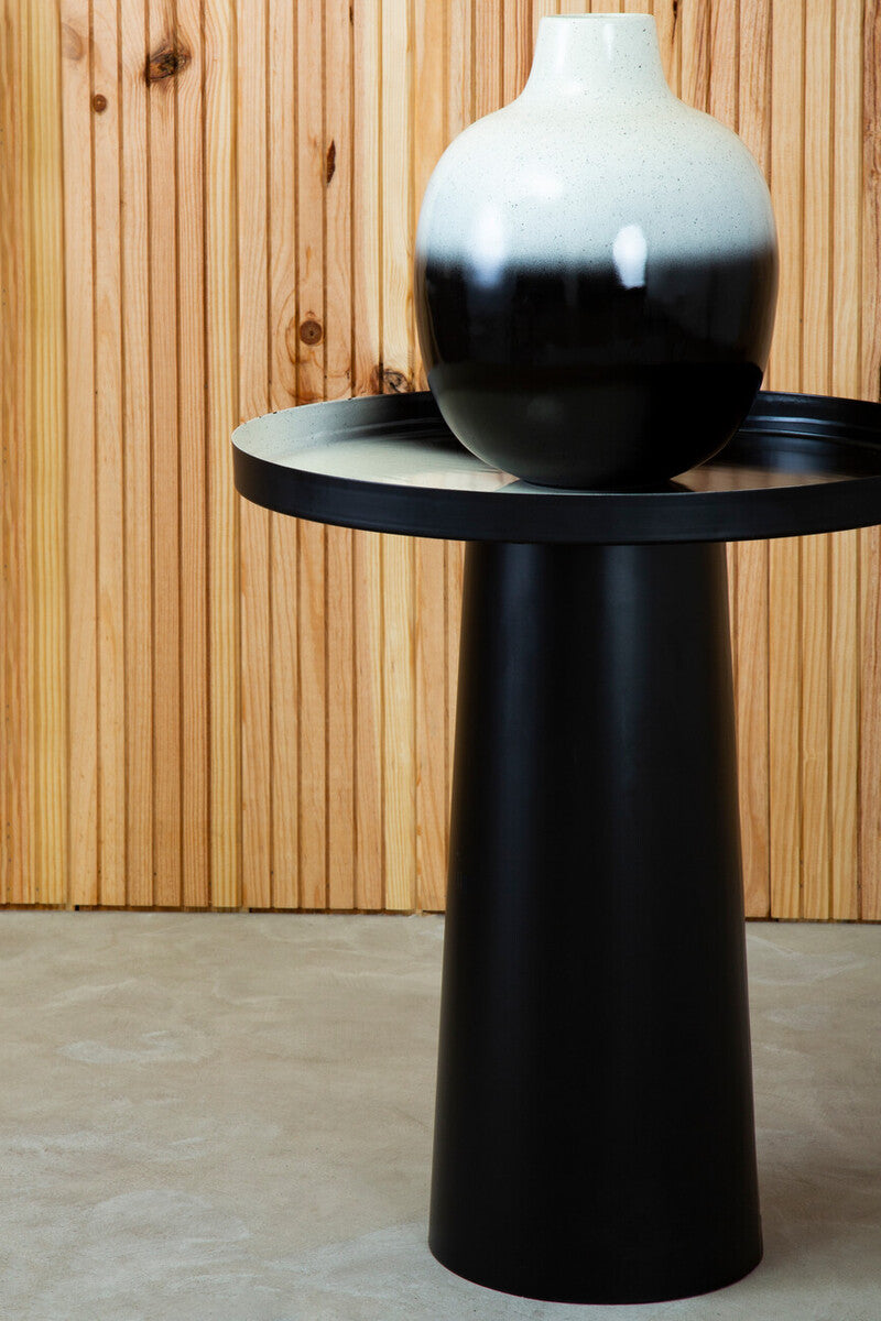 Black and White Round Metal Top Side Table with Black Pedestal Base, Ramus