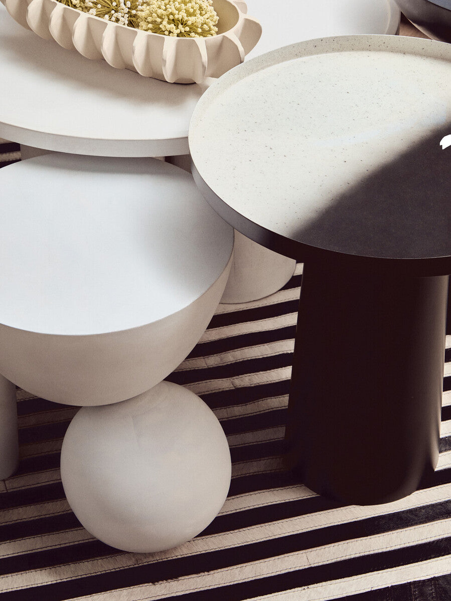 Black and White Round Metal Top Side Table with Black Pedestal Base, Ramus