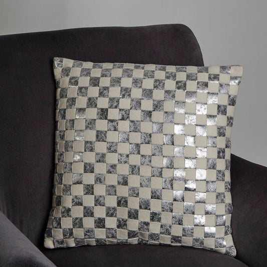 Bosie Square Ivory and Silver Check Cushion | Kensington Townhouse