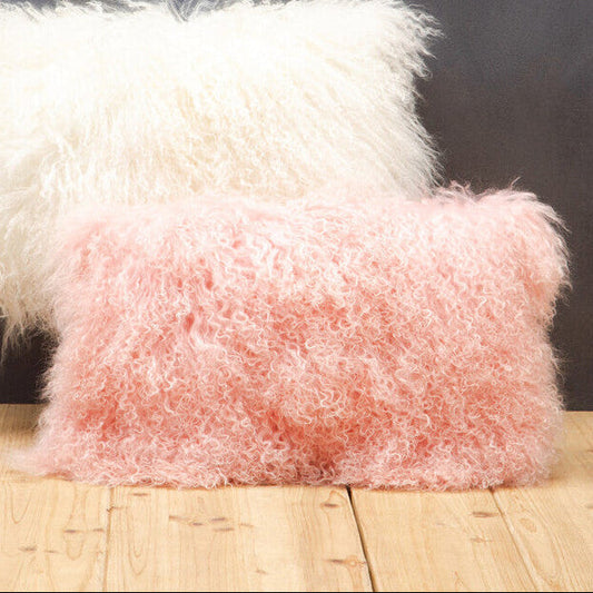 Bosie Real Fur Pink Rectangular Cushion | Mongolian