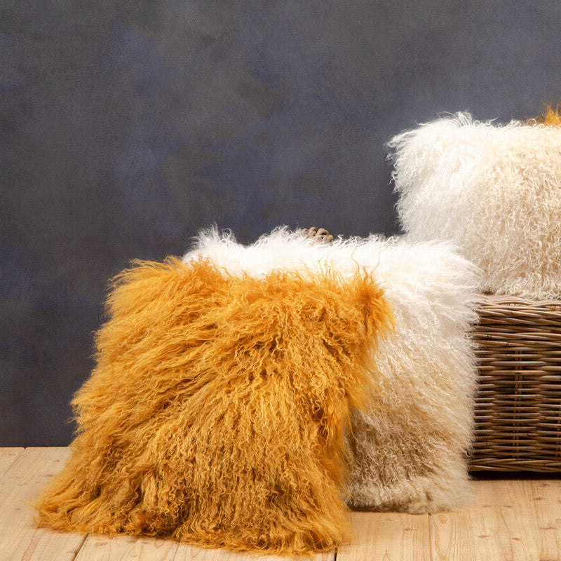 Bosie Real Mongolian Fur Ochre Square Cushion