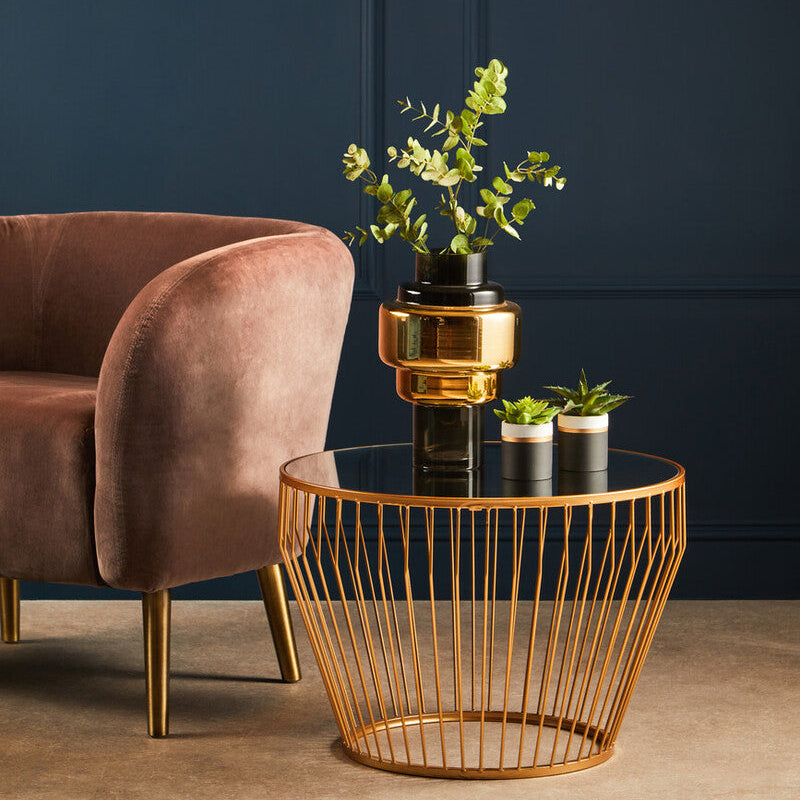 Gold Finish Tapered Design Round Side Table with Mirrored Top, Avantis