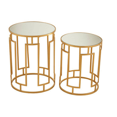 Set of 2 Gold Mirrored Top Round Side Tables with Gold Metal Frame, Avantis