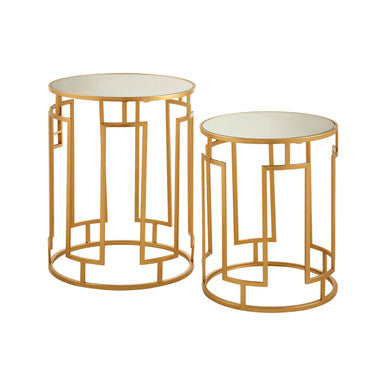 Set of 2 Gold Mirrored Top Round Side Tables with Gold Metal Frame, Avantis