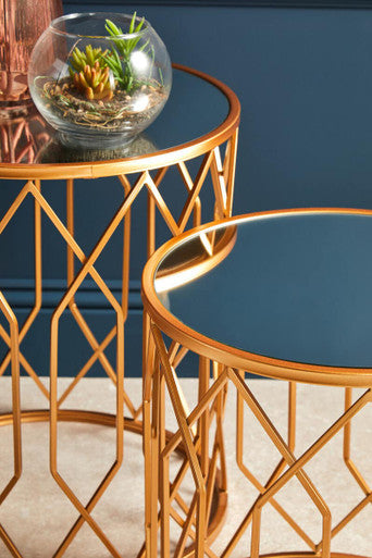 Set of 2 Gold Mirrored Glass Top Round Side Tables with Gold Metal Frames, Avantis