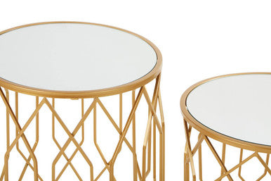 Set of 2 Gold Mirrored Glass Top Round Side Tables with Gold Metal Frames, Avantis
