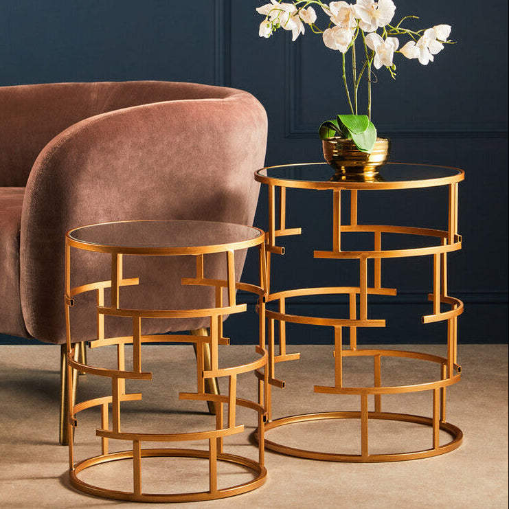 Set of 2 Mirrored Glass Top and Gold Maze Design Base Side Tables, Avantis