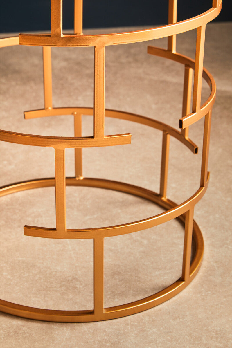 Set of 2 Mirrored Glass Top and Gold Maze Design Base Side Tables, Avantis
