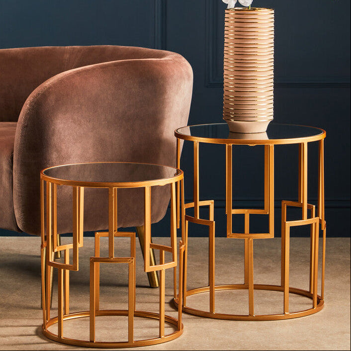Set of 2 White Mirrored Glass Top and Gold Metal Frame Round Side Tables, Avantis
