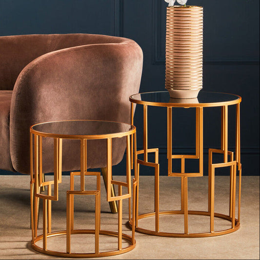 Set of 2 White Mirrored Glass Top and Gold Metal Frame Round Side Tables, Avantis