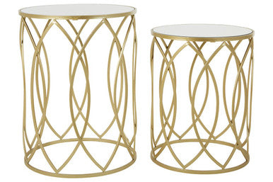 Set of 2 Mirrored Glass Top and Gold Champagne Finish Metal Frame Side Tables, Avantis